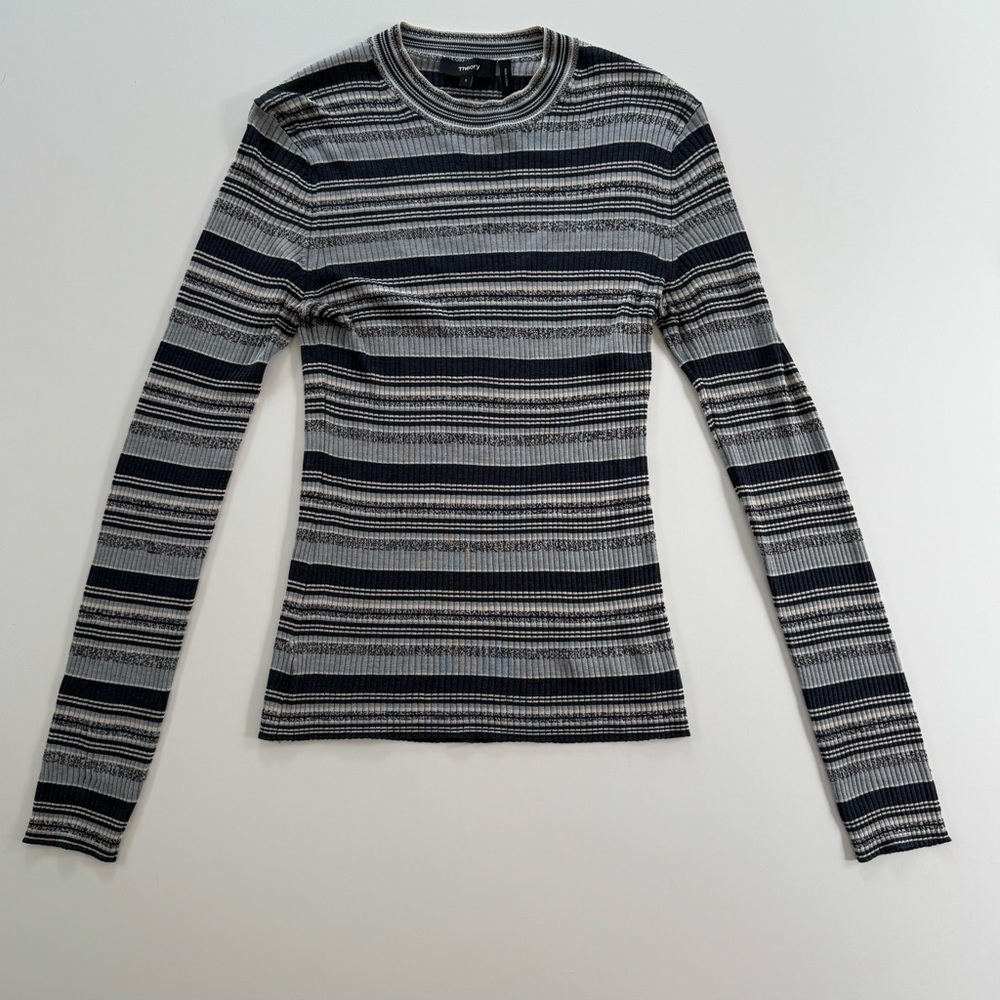 Theory~Silk Blend Pullover~Women’s S~Blue/Cream Striped~Long Sleeve~Ribbed